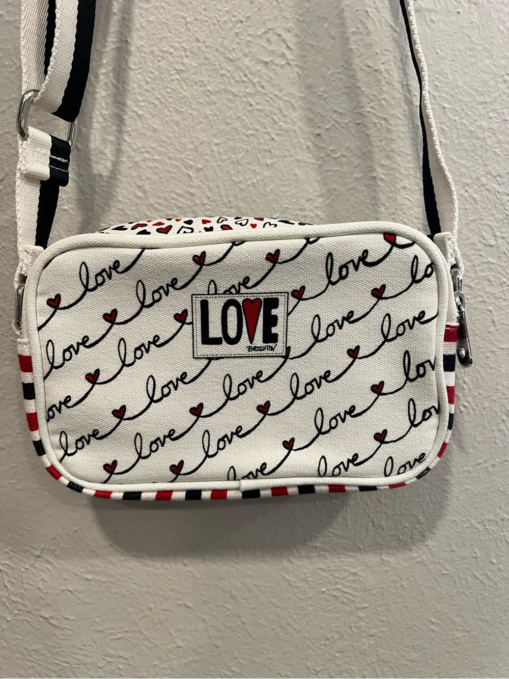 Brighton White 'Love' Script Crossbody with Striped Trim